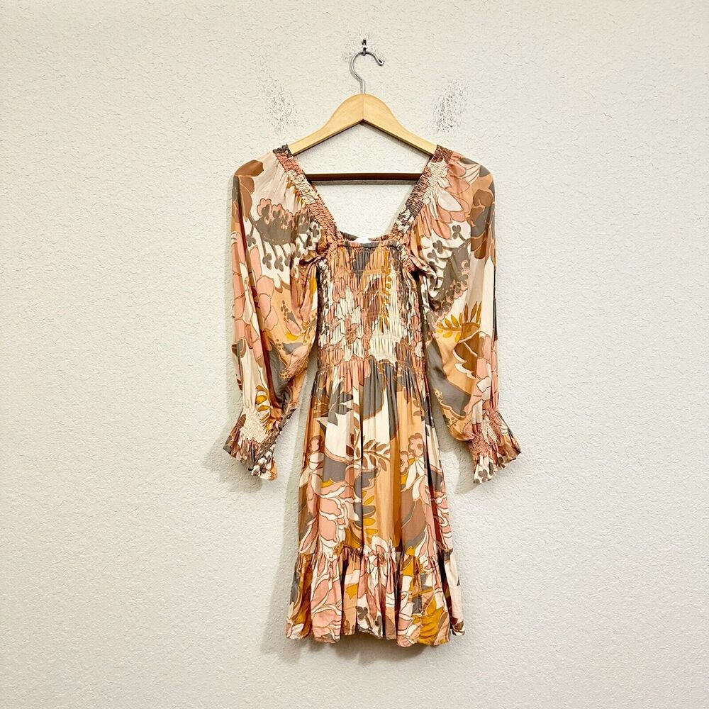 KARLIE Smocked Babydoll Mini L/S Dress Puff-Sleeve in Multi Floral Print